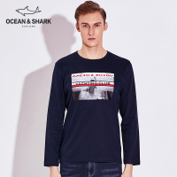 古老鲨鱼2018春秋装新款套头圆领修身长袖T恤男士潮流青年打底衫