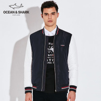 古老鲨鱼2018新款秋冬拼接飞行员男羽绒服宽松刺绣潮牌外套棒球服