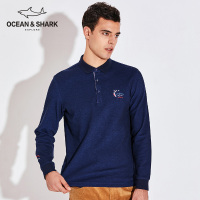 古老鲨鱼春秋款中年男士T恤长袖翻领纯棉修身上衣刺绣纯色polo衫