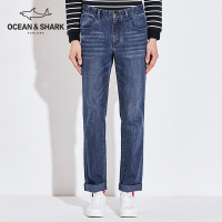 古老鲨鱼2018新款秋季中年男宽松牛仔裤刺绣中腰直筒商务休闲长裤