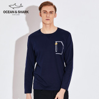 古老鲨鱼2018秋新款纯色圆领长袖针织T恤男士修身打底衫男装体恤