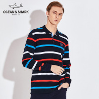 古老鲨鱼2018新款秋装上衣纯棉翻领撞色条纹T恤男长袖刺绣polo衫