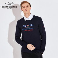 古老鲨鱼2018新款秋纯棉圆领T恤男纯色宽松百搭刺绣休闲长袖体恤