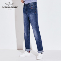 古老鲨鱼2018中腰直筒裤复古刺绣大码宽松休闲牛仔裤男