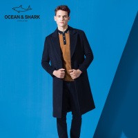 古老鲨鱼男士秋冬新款修身后简约翻领纯色中长款羊毛呢大衣男