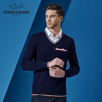 古老鲨鱼秋季新款男士纯羊毛纯色上衣 字母图案领长袖毛衣男