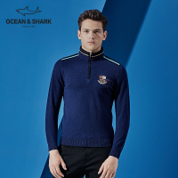 古老鲨鱼秋季新款商务休闲百搭刺绣长袖纯羊毛立领男装羊毛衫