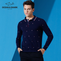 古老鲨鱼秋季刺绣纯棉长袖T恤男翻领印花商务休闲体恤衫