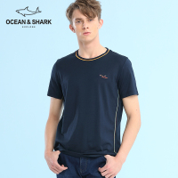 古老鲨鱼2018夏彩线鲨鱼刺绣织带撞色罗纹圆领男士短袖T恤