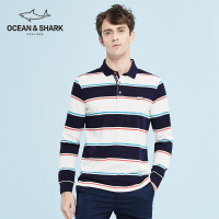 古老鲨鱼2018春男士简约刺绣休闲撞色条纹翻领男士长袖T恤