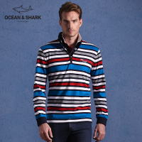 古老鲨鱼秋冬男装T恤翻领纯棉多彩条纹长袖T恤