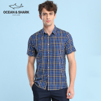 古老鲨鱼2018夏日时尚格纹衬衣 鲨鱼刺绣撞色翻领短袖衬衫