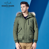 古老鲨鱼羽绒服男短款2018冬季立领刺绣保暖羽绒毛领外套男