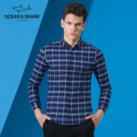 古老鲨鱼新款长袖衬衫男秋季时尚格子纯棉长袖衬衣男