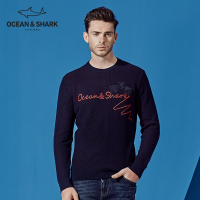 古老鲨鱼秋冬新款羊毛衫男刺绣字母纯羊毛圆领舒适毛衣男