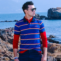 古老鲨鱼2018春季新款男装双丝光棉翻领短袖T恤男条纹休闲polo衫