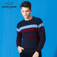 古老鲨鱼秋冬新款条纹纯羊毛衫 休闲圆领修身长袖男装羊毛衫