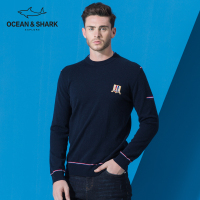 古老鲨鱼男装秋冬圆领纯羊毛衫简约时尚刺绣毛衣男士