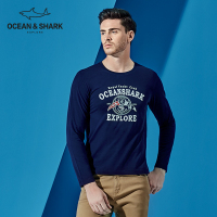 古老鲨鱼秋季新款修身保暖胶印圆领百塔休闲修身长袖T恤男