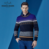 古老鲨鱼新款男士圆领纯色毛衣 保暖撞色长袖针织衫男