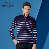 古老鲨鱼秋季新款翻领纯棉长袖T恤男修身时尚撞色条纹休闲衫