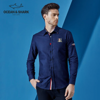 古老鲨鱼秋季新款男士刺绣纯棉长袖衬衫男修身纯色时尚衬衣
