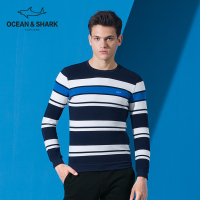 古老鲨鱼秋冬新款男士条纹撞色条纹圆领休闲针织修身长袖T恤