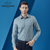 古老鲨鱼秋季新款男装时尚个性格子休闲修身方领纯棉长袖衬衫