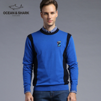 古老鲨鱼秋冬男士撞色个性拼接彩线刺绣圆领纯羊毛衫