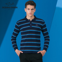 古老鲨鱼秋季新款纯棉条纹长袖T恤男翻领宽松撞色时尚polo衫