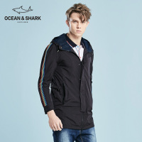 古老鲨鱼春装新款男士中长款连帽外套男时尚休闲外套修身风衣