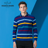 古老鲨鱼男装秋季新款男士休闲条纹撞色立领修身男长袖T恤男