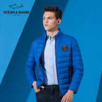 古老鲨鱼2018冬新款轻薄羽绒服男刺绣修身立领短款外套男