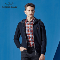 古老鲨鱼新款带帽外套上衣 休闲修身徽章纯色针织衫男