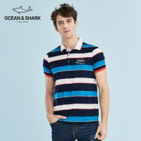古老鲨鱼 男装 条纹字母刺绣撞色翻领男短袖T恤