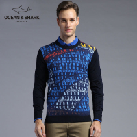 古老鲨鱼秋冬男士个性几何切割撞色字母印花圆领针织衫
