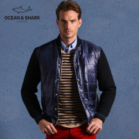 古老鲨鱼冬季新款男装撞色拼接保暖短款棒球领时尚潮棉衣外套男