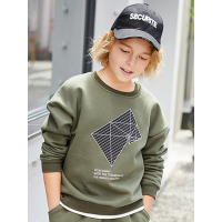 猫人童5男童长袖橄榄绿螺纹卫衣8儿童时尚图案帅气圆领套头衫12岁MRT18080