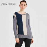 LANCY朗姿冬季新款时尚撞色园领经典羊毛针织衫女_814
