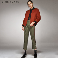 莱茵通勤专柜秋冬撞色修身小脚休闲裤直筒军绿线条九分裤女