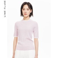 莱茵秋季新款女装温柔粉色百搭短袖套头衫修身显瘦薄款针织衫