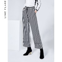 【商场同款】莱茵新款时尚黑白条纹阔腿裤女宽松休闲高腰直筒裤子