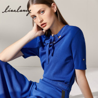 LIAA俪雅秋装新款针织毛衣打底衫短袖T恤修身v领蓝色冰丝针织衫女_1