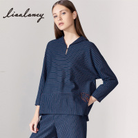 俪雅春秋装新款连帽九分袖衬衫宽松时尚条纹衬衣含羊毛内搭上衣女_303