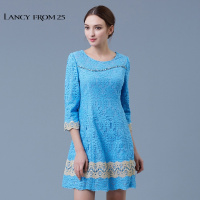 LANCY朗姿专柜正品女春撞色蕾丝钉珠七分袖连衣裙LC15101WOP030_1