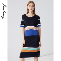 俪雅裙子女夏装新款一步裙V领高腰宽松半袖条纹短袖连衣裙女_1