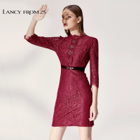 朗姿秋装新款中长款裙子一步裙修身收腰酒红色开衩蕾丝连衣裙女秋_1