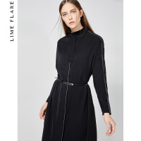 莱茵秋装新款韩版黑色立领长款连衣裙系飘带长袖衬衫裙_1