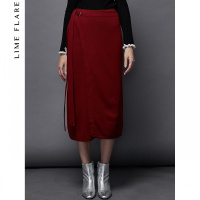 莱茵秋冬新款系飘带裙子中长款红色半身裙100%羊毛针织裙_1