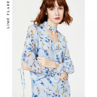 莱茵春秋款韩版v领镂空女裙绑带喇叭袖气质女神范印花连衣裙_1